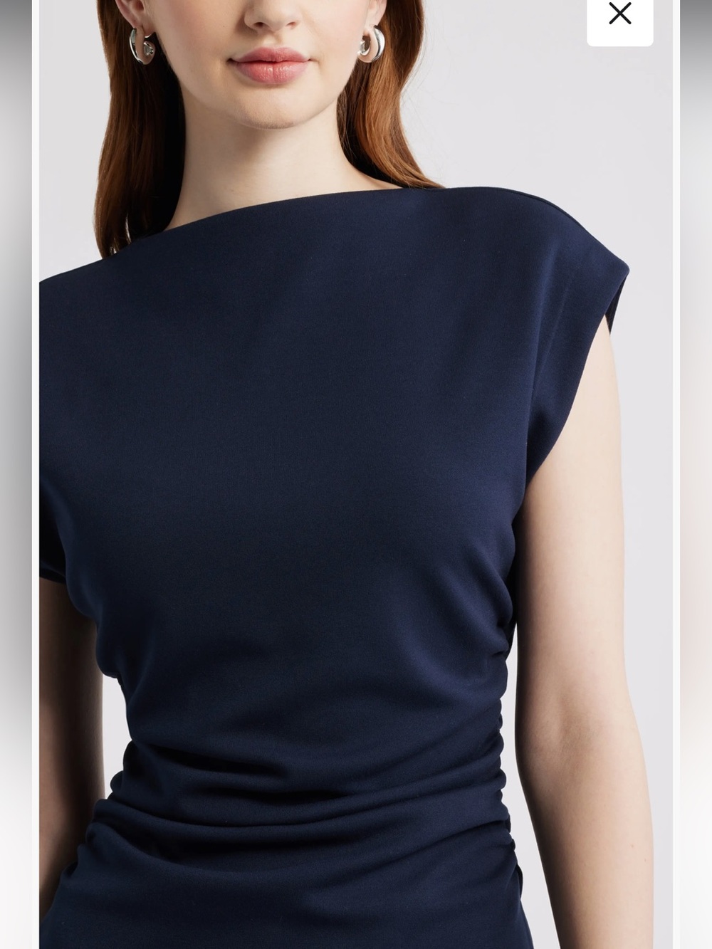 NWT Nordstrom Sz Med Navy Blue Ruched Funnel Neck Midi Work Casual Dress Ret $89 - Picture 4 of 15